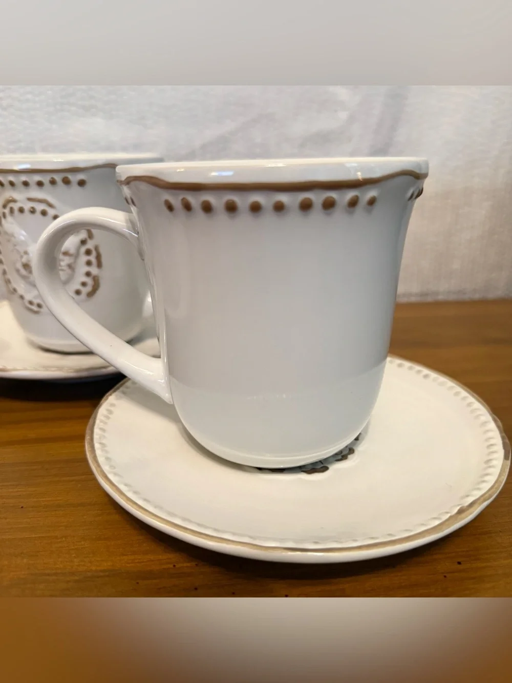 3 Pfaltzgraff Hen Coffee Mugs/ Saucer Embossed Cups Farmhouse Cottage Rooster